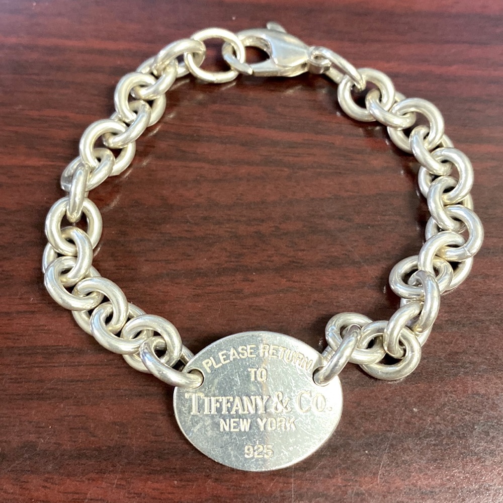 Tiffany & Co. Oval Tag Bracelet Please Return To Sterling Silver 7.5” and Pouch